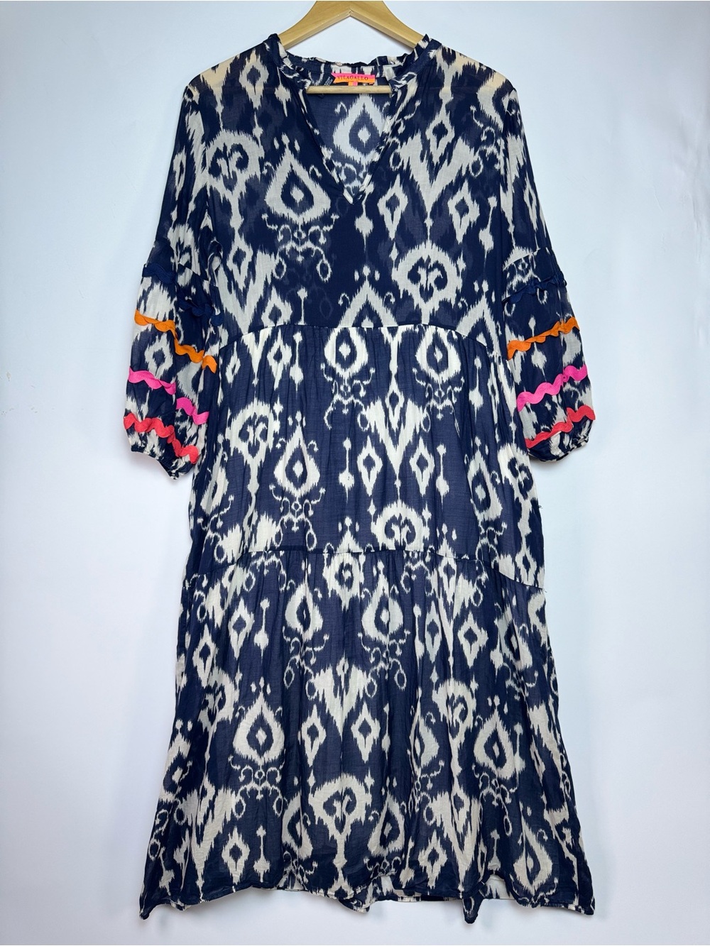 Vilagallo Tammy Ikat Ribbon Trim Lined Midi Dress